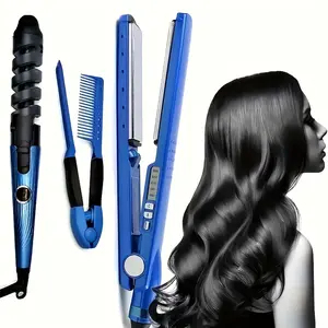 3pcs Blue Hairdressing Tools Set, Hair Straightener Flat Iron, Curling Iron, V Shaped Hair Comb, Multifunctional Hair Styling Tools For Barber Salon Home Use