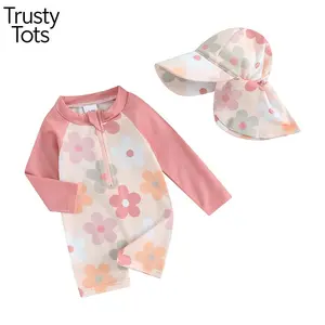 Trusty TotsToddler Girls Beach Swimwear Long Sleeve Floral/Tropical Tree Print Zip Up Bathing Suits with Hat Long Sleeve Swimsuit Floral/Half Zipper Non-Pilling Rash Guard Swimwear