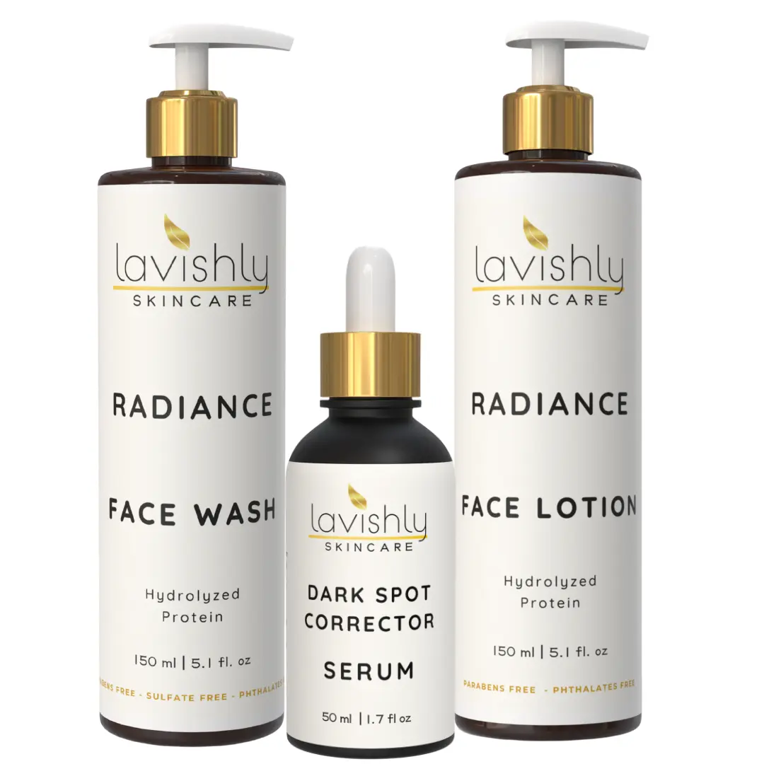 Lavishly Skincare Radiance Face Set - Dark Spot Corrector Serum 1.7 fl oz, Face Wash 5.1 fl oz, Face Lotion 5.1 fl oz with Hydrolyzed Protein