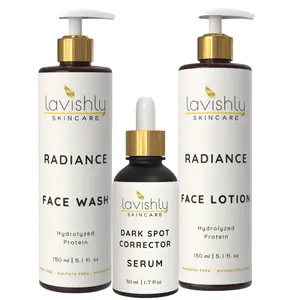 Lavishly Skincare Radiance Face Set - Dark Spot Corrector Serum 1.7 fl oz, Face Wash 5.1 fl oz, Face Lotion 5.1 fl oz with Hydrolyzed Protein