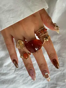 5-piece vintage fashionable light luxury versatile exquisite high-end elegant unique geometric jade inlaid ring set, women's metal thick gold ring, suitable for women's daily wear and party banquet decoration, gift jewelry set
