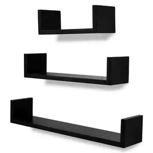3 Black MDF U-Shaped Floating Wall Display Shelves Book & DVD Storage