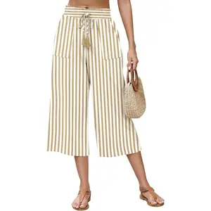 Women's Linen Capri Pants Wide Leg with Drawstring Elastic Waist Casual Cropped Pant