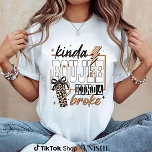 Kinda Boujee Kinda Broke Funny Graphic T-Shirt, Leopard Print Tumbler & Lightning Bolt Design, Sarcastic Casual White Tee, Trendy Women’s Streetwear Top, Unisex Humorous Shirt for Everyday Wear