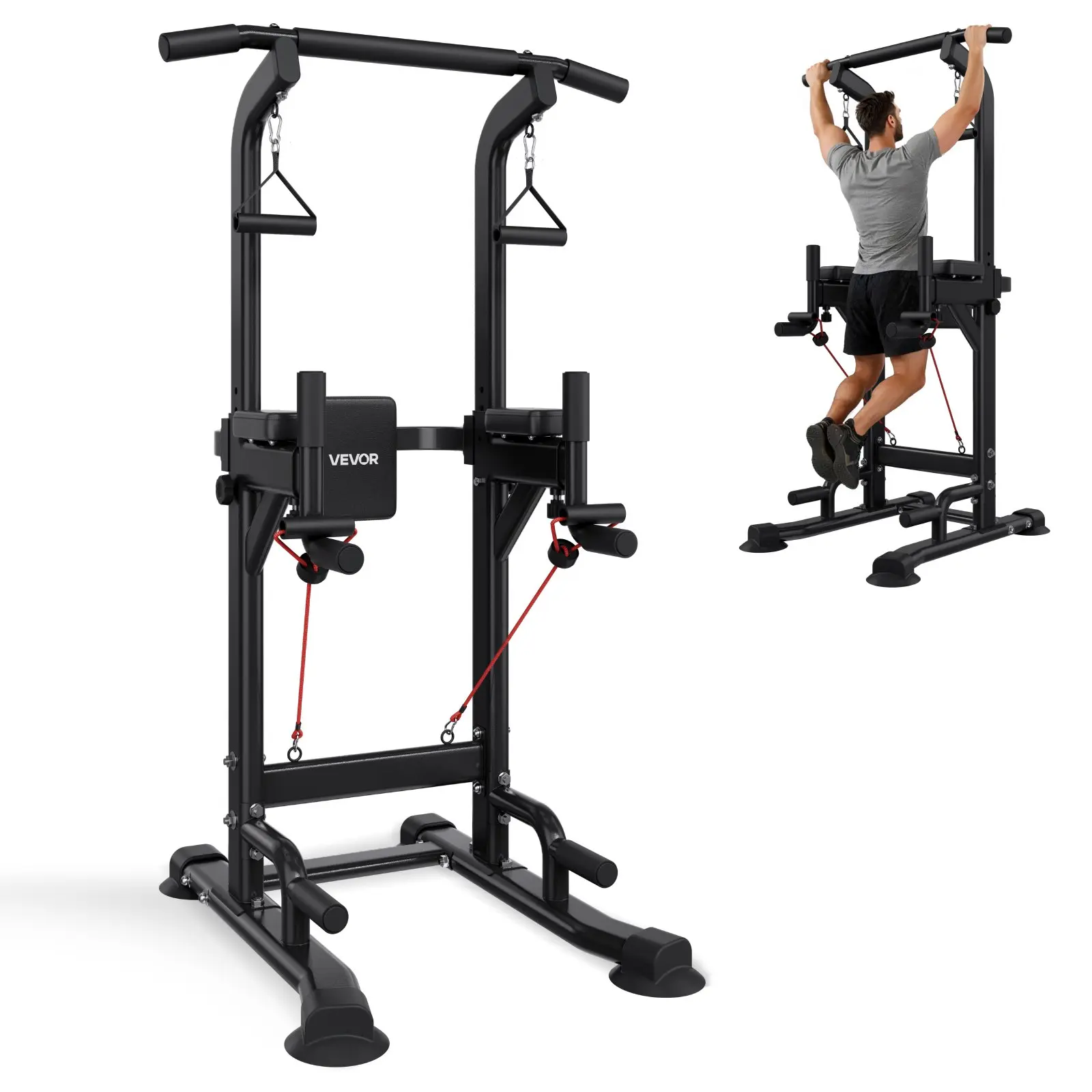 【Summerfinds】VEVOR Free Standing Pull Up Bar Power Tower Home Fitness Equipment - 330 LBS Capacity, H-Shaped Stable Base, 12-Level Adjustable Height, 4-Level Adjustable Back Pad, Whole Body Workout & Arm Exercise Equipment Home Gym Home Gym Kit