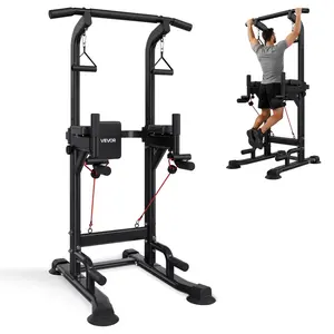 VEVOR Pull Up Bar, 330 LBS Power Tower Dip Station, Workout Dip Station with H-Shaped Stable Base & Back Pad, Adjustable 12 Level Height Free Standing Chin Up Bar for Back, 4-Level Adjustable Back Pad