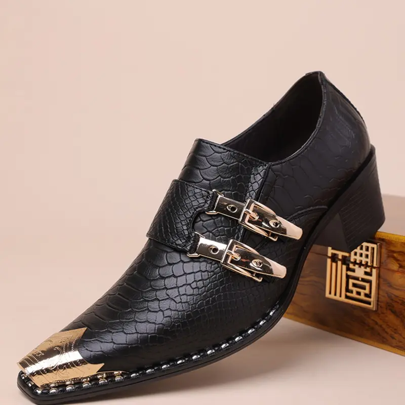 Elevate Your Style with Snake Pattern Office Formal Shoes, Office Work Footwear, Business Style Footwear, Closed, Metallic Dual Buckles & Metal Toe, PU Leather Upper, Rubber Sole, Elegant Design for All Seasons