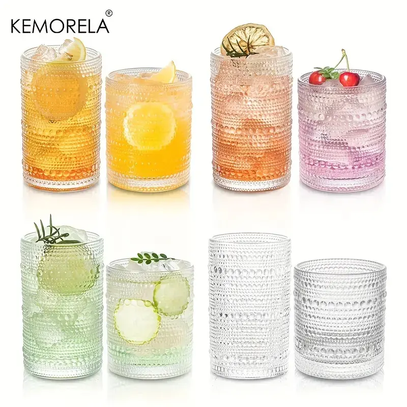 8-Piece Vintage Hobnail Drinking Glasses Set: Embossed Design, Ideal for Highballs, Cocktails, Beer, and Whiskey. Durable and Stylish, Perfect for Any Occasion.