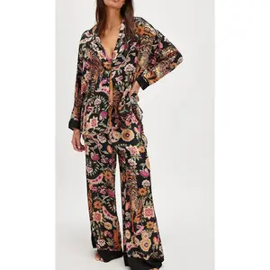 Women's Fall Loungewear Set Stripe/Plaid/Stripe Print Long Sleeve Lapel Button Tops Long Pants Fall Sleepwear