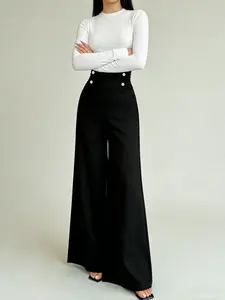 A pair of women's black Modest High Waisted high-waisted wide legged pants with metal button details. This business-casual style pant features a loose fit that flatters the figure and a drapey texture, suitable for daily commuting.