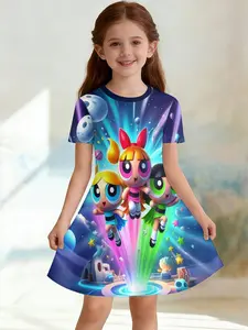 Girls' 3D Space Print A-Line Dress, Cute Cartoon Short Sleeve Skirt, Fashion Outdoor Wear, Birthday Gift, Holiday Gift
