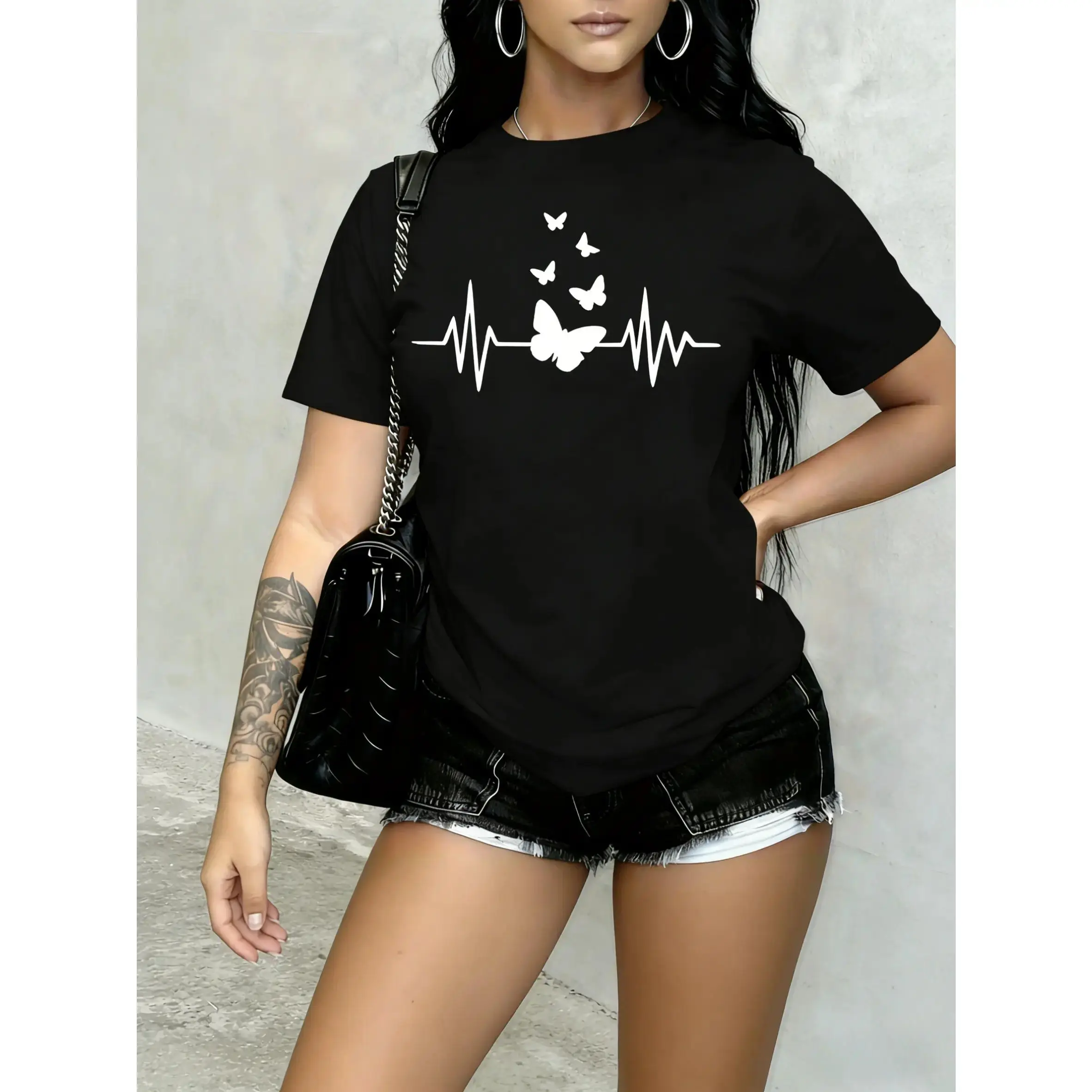 100% Cotton Women's Casual Versatile T-Shirt, Multiple Colors Available, Fashionable Outfit, Heart Spring Summer Print Women's Casual Round Neck Short Sleeve T-Shirt