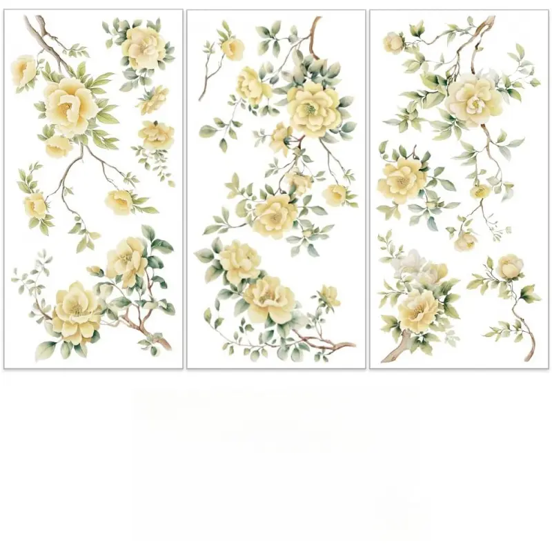 3Pcs/Set Yellow Peony Rub on Transfers for Furniture and Craft 6x12 Inch Oriental Style Furniture Decal Transfer Stickers Rub on Decal  for Cabinet Wardrobe Decoration