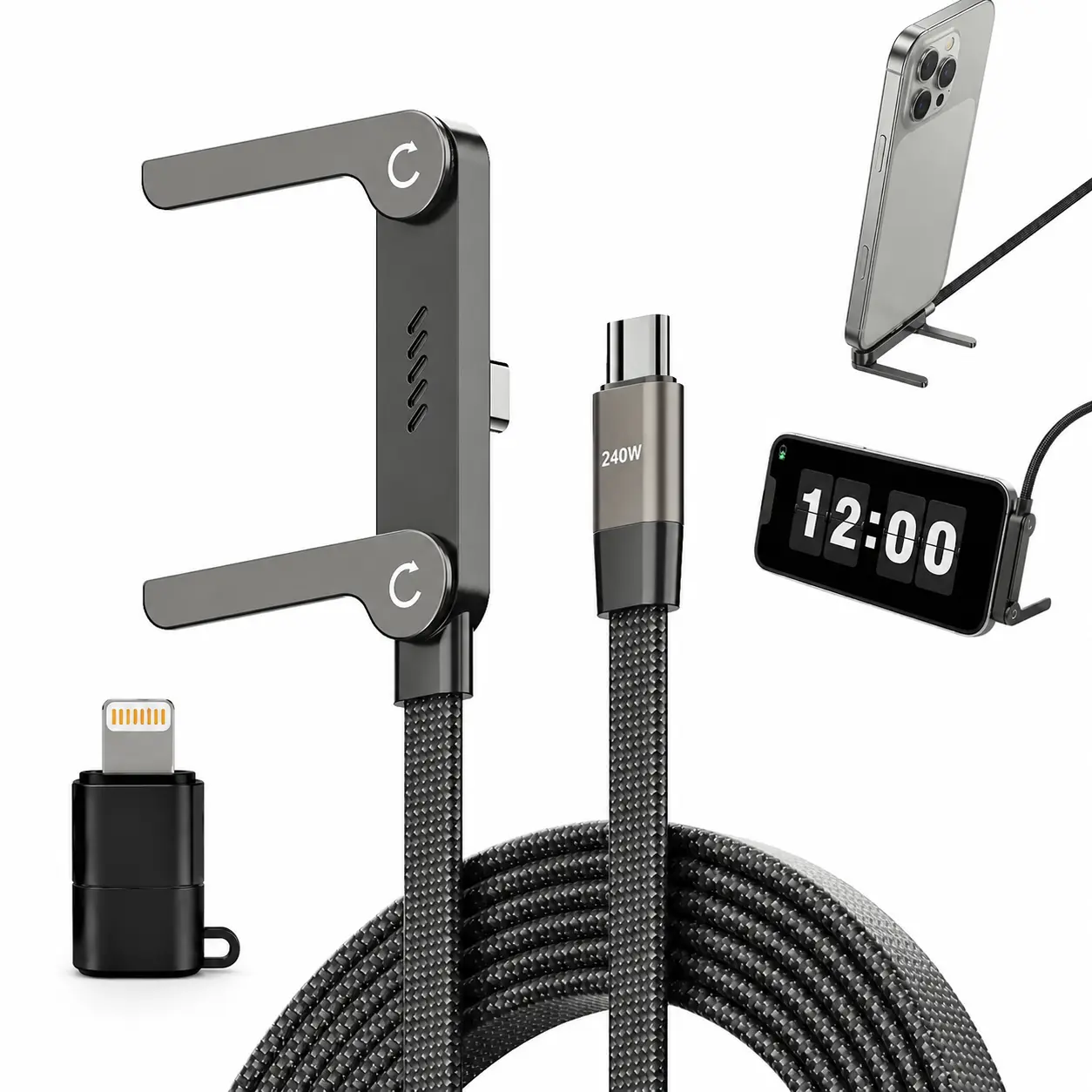 240W Super Fast Charging 2-in-1 Invisible Holder Cord with Stand - Smartphone Charger Cable, Supercharger Adapter for Gaming & Office, Compatible with iPhone, Samsung, Type-C (Black) Kit