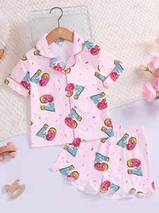 Fire Retardant Fabric SixSeven Pajama Set Pjs Nightwear Loungewear Fit, Cute Cartoon Print Graphic, Short Sleeve Open Front Top & Loose Elastic Shorts, Casual All Seasons