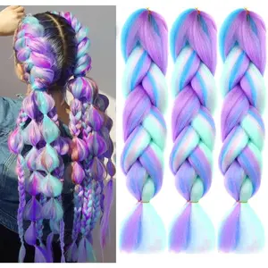 Ombre 4 Colors Mix Braiding  3 count Extensions   Rainbow Color Colorful Twist Braid wigs Dreadlocks (  //Green/Blue/ Light Cyan) (Lot 24Inch)