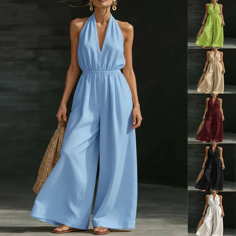 Women's V-Neck Sleeveless Cropped Jumpsuit - Stylish Fit, Day Wear Overalls, Style, Polyester, Comfortable