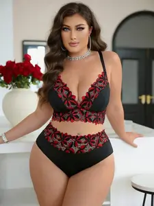 Plus Size Lace Patchwork Wireless Bra Set - 2pcs Fantasy-Elegant Bralettes with Adjustable Straps & Multicolor Briefs for Summer Women'swear - Fabric, Womenswear