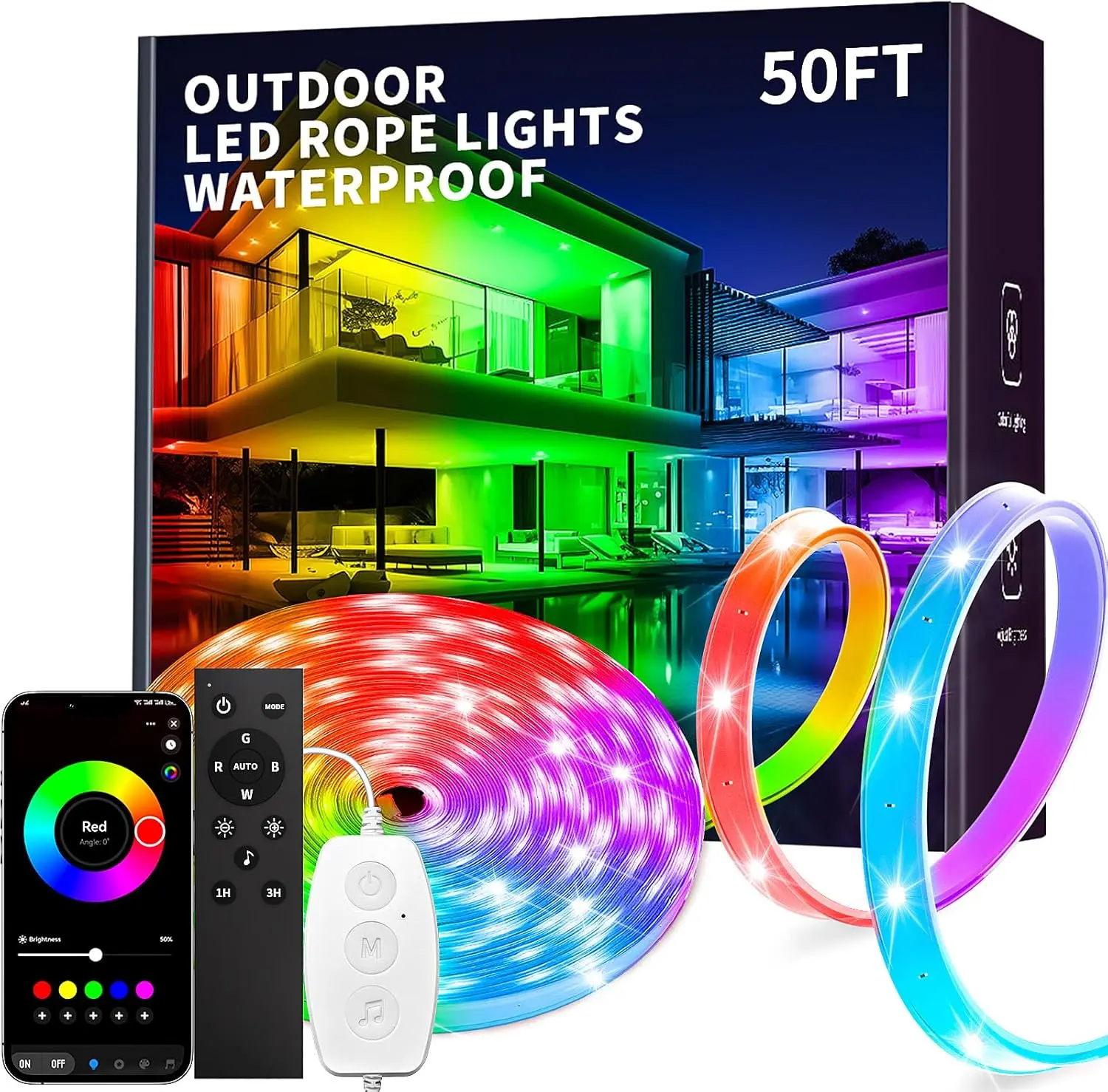 50ft Waterproof IP68 Silicone-Coated RGB Outdoor LED Strip Lights, with Button & Bluetooth App Control, Music Sync, Timer, Colorful Glow for Balcony, Garden Decor
