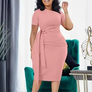 Women's Plus Side Tie Midi Dress with Short Sleeves, Sizes S-3X Formal Soft