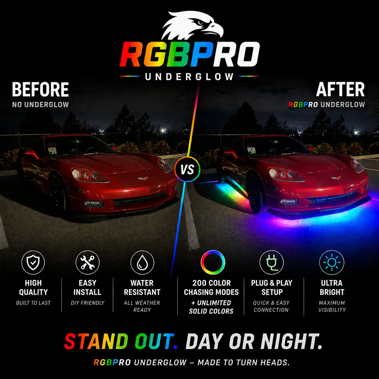 Premium Ultra Bright Underglow Kit 6 Strip App-Controlled Car Lights with Relay Fuse Battery Protection IP67 Waterproof Strips