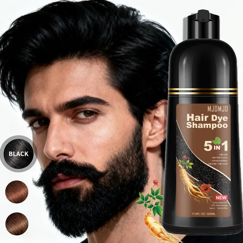 Black Hair & Beard Dye Shampoo – Ginseng-Infused, Ammonia-Free | 10-Min 100% Gray Coverage for Hair, Mustache & Facial Hair | Semi-Permanent (6-8 Weeks), Scalp-Friendly | 5-in-1 Color Depositing Formula Cleanses, Conditions & Controls Frizz – 500ml
