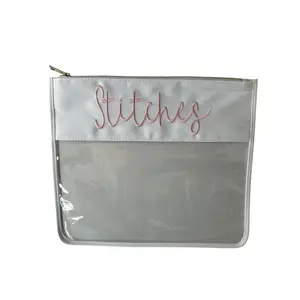 Large White & Pink “Stitches” Needlepoint Project Bag