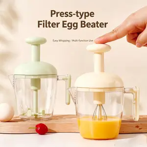 Semi Automatic Whisk,manual egg mixer, press egg beater, kitchen baking tool, egg prep hack, multi-use kitchen gadget, BPA-free kitchenware, hand whisk with strainer, no-mess egg mixer