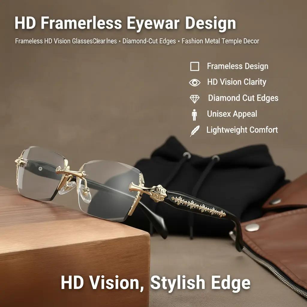 Frameless HD Vision Glasses with Clear Lenses Diamond-Cut Edges Fashion Metal Temple Decor for Computer Street Style Party Unisex Women Men Daily Spring Statements Lightweight Frameless HD Vision Glasses with Clear Lenses Diamond-Cut Edges Fashion Metal Temple Decor for Computer Street Style Party Unisex Women Men Daily Spring Statements Lightweight