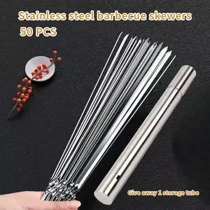 50 sets of durable stainless steel barbecue skewers, accompanied by 1 storage tube. The stainless steel skewers can be reused and are easy to clean. They are suitable for outdoor and indoor barbecue parties.