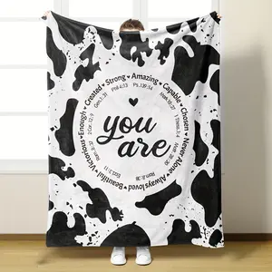 Super Soft Flannel Blanket with Inspirational Quotes and Cow Print Design, All Season Warm Throw, Great for Home Lounge Office Napping