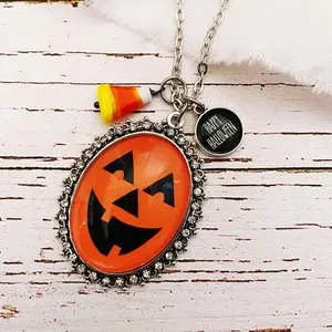 Oval Rhinestone Jack-o-Lantern Necklace with Candy Corn & Happy Halloween Charms