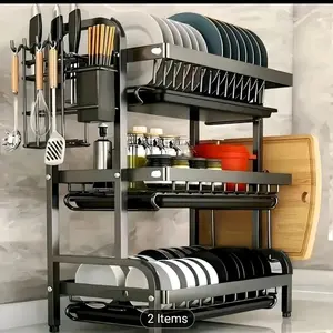 1pc 2/3-tier Dish Drying Rack, Large Capacity Space-saving Dish Rack with Hooks, Suitable for Large Families, Dish Rack with Draining Tray, Ideal for Storing Cups, Pots, Storage Boxes, and Kitchen Accessories, Black Draining Tray, Multi-functional