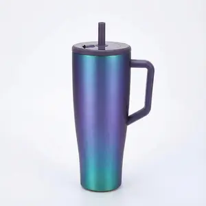 40oz Stainless Steel Tumbler with Handle & Flexible Straw | Leakproof | Cup Holder Friendly | Electroplated Purple