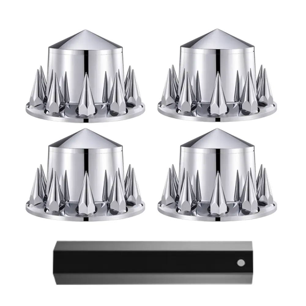 4 ABS Chrome Rear Axle Wheel Cover w/ Hub Cap 33mm Spiked Thread on Lug Nuts for Semi Truck Tires Vehicle