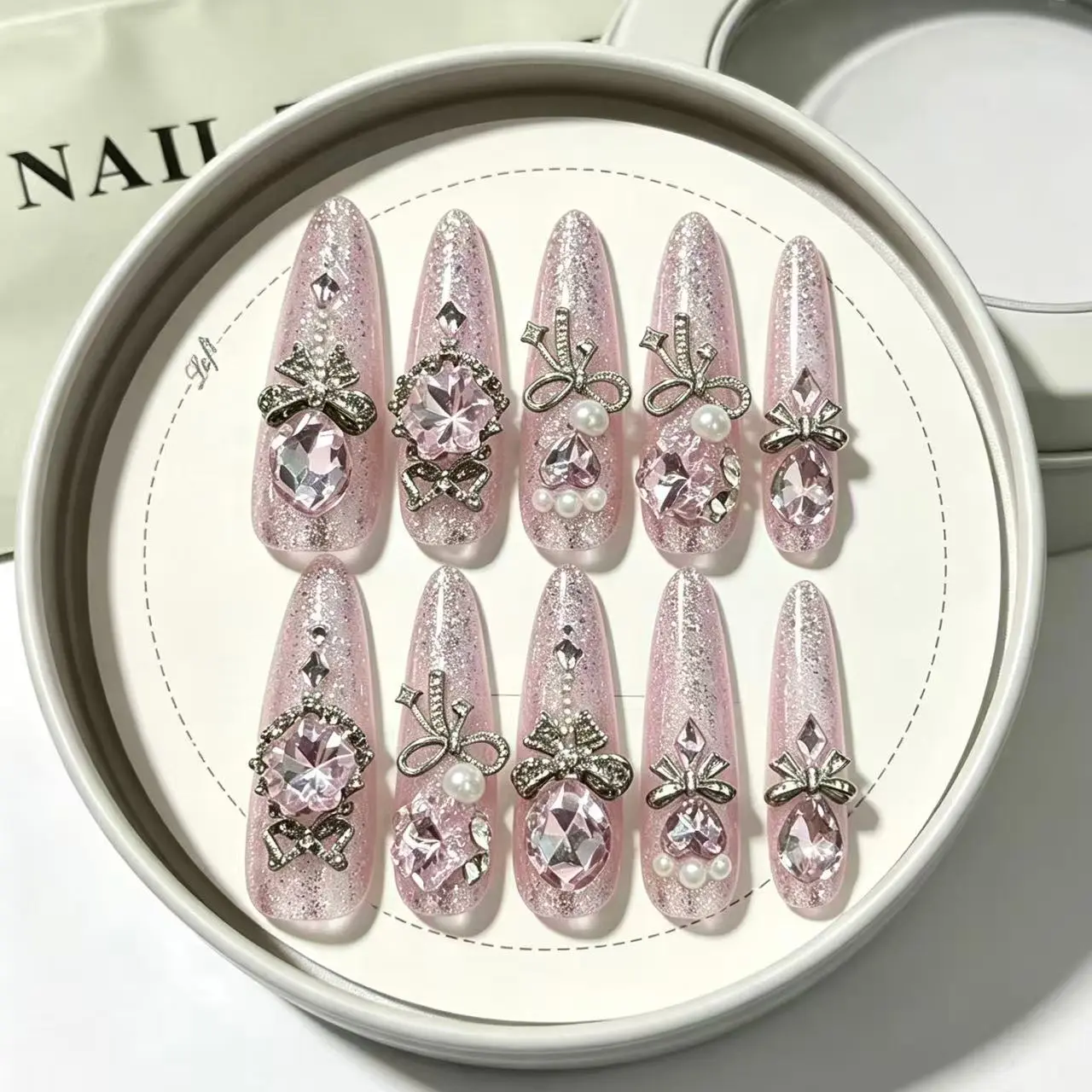 Luxury Glitter Rhinestone Press On Nails, Handmade Reusable Crystal Fake Nails, Almond & Square Shaped False Nails for Wedding Daily Dating Party