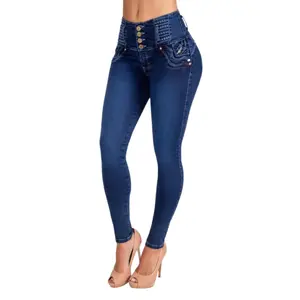 Women's Dark Blue High-Waist Stretchy Denim Skinny Pants - Lady's Basic, Lightweight Fabric, Embroidered, Comfortable, Heart-Accent, Button-Closure, Butt-Lifting, Perfect Fit Bottoms, TK443