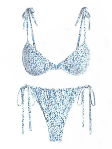 Two-Piece Set Women's Ditsy Floral Print Bikini Set, Casual Swim Bra & Tie Side Swim Panty, Two-piece Swimsuit for Beach Holiday Vacation, Floral Bikini Bottom
