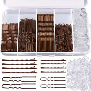 300Pcs Hair Pins Set: 50pcs 2" Bobby Pins + 50pcs 2.75" Bobby Pins + 50pcs 2.36" U-Shaped Pins + 50pcs 2" U-Shaped Pins + 100pcs Clear Elastic Hair Bands