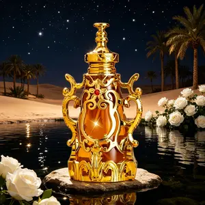 “Oriental Luxury Golden Perfume Bottle - Exotic Middle Eastern Style Fragrance, Ornate Decorative Scent Vessel”