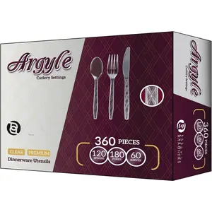 Argyle Settings Clear Plastic Cutlery Set 360- - 180 Forks, 120 Spoons, 60  - Heavy-Duty Disposable Utensils for Parties, Weddings, Buffets, BBQs & Catering -