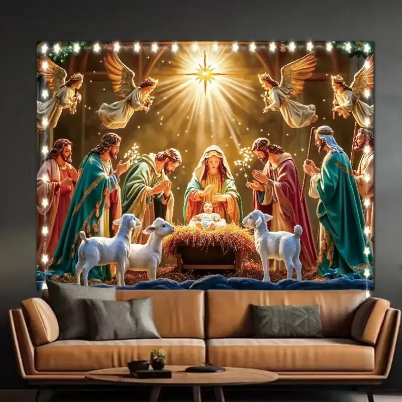 Starry Night Nativity Scene Christmas Banner Merry Christmas Decorations Backdrop Indoor Outdoor Wall Decoration All Season Xmas Decor for Dorm Party Garden Family Holiday Celebration Multipurpose Use No Electricity Needed Festive Ornaments