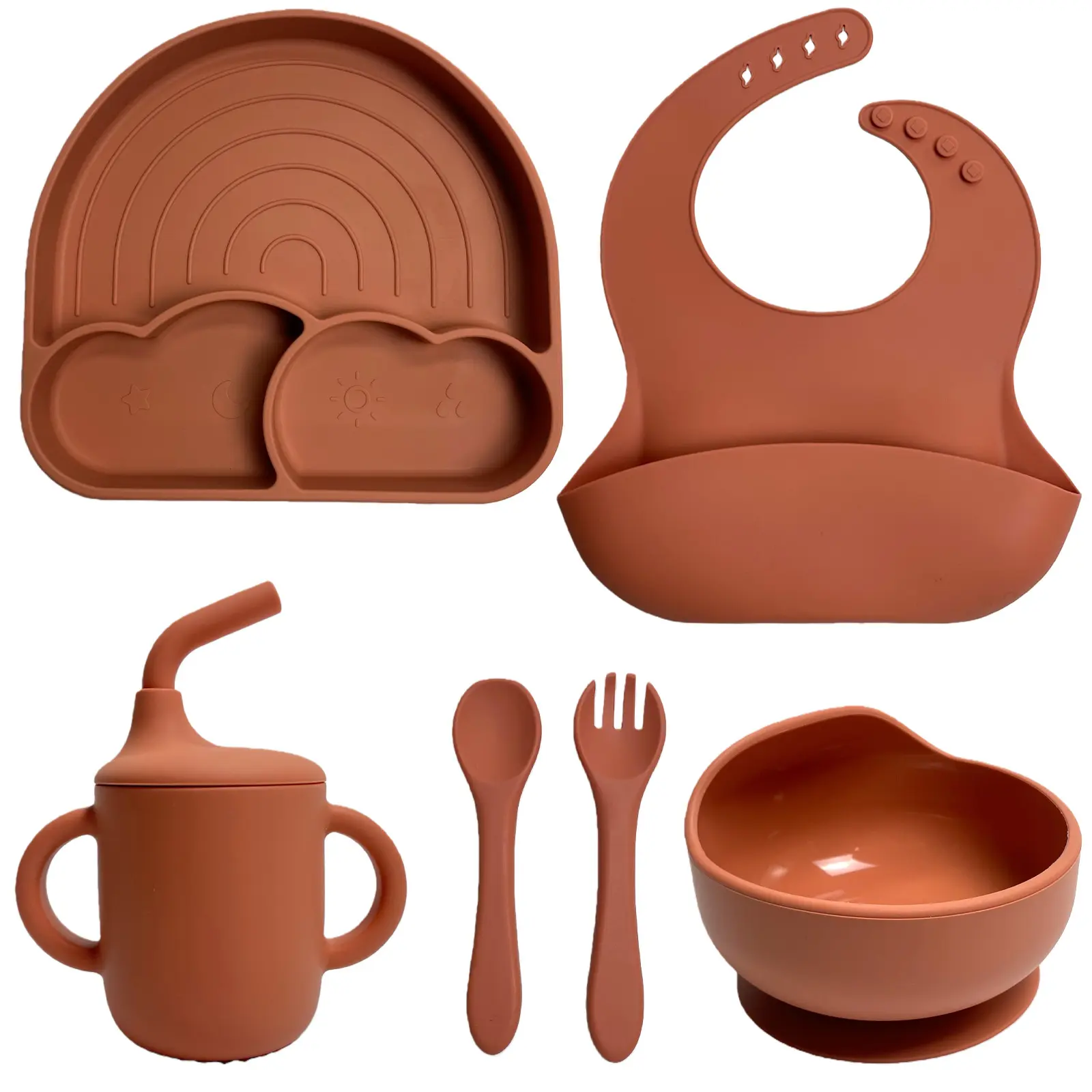 6PCS Baby LED Weaning Feeding Set with Divided Plate Sippy Cup Adjustable Bib Spoons & Forks Non-Toxic Silicone for Toddler BLW Utensils & Plate