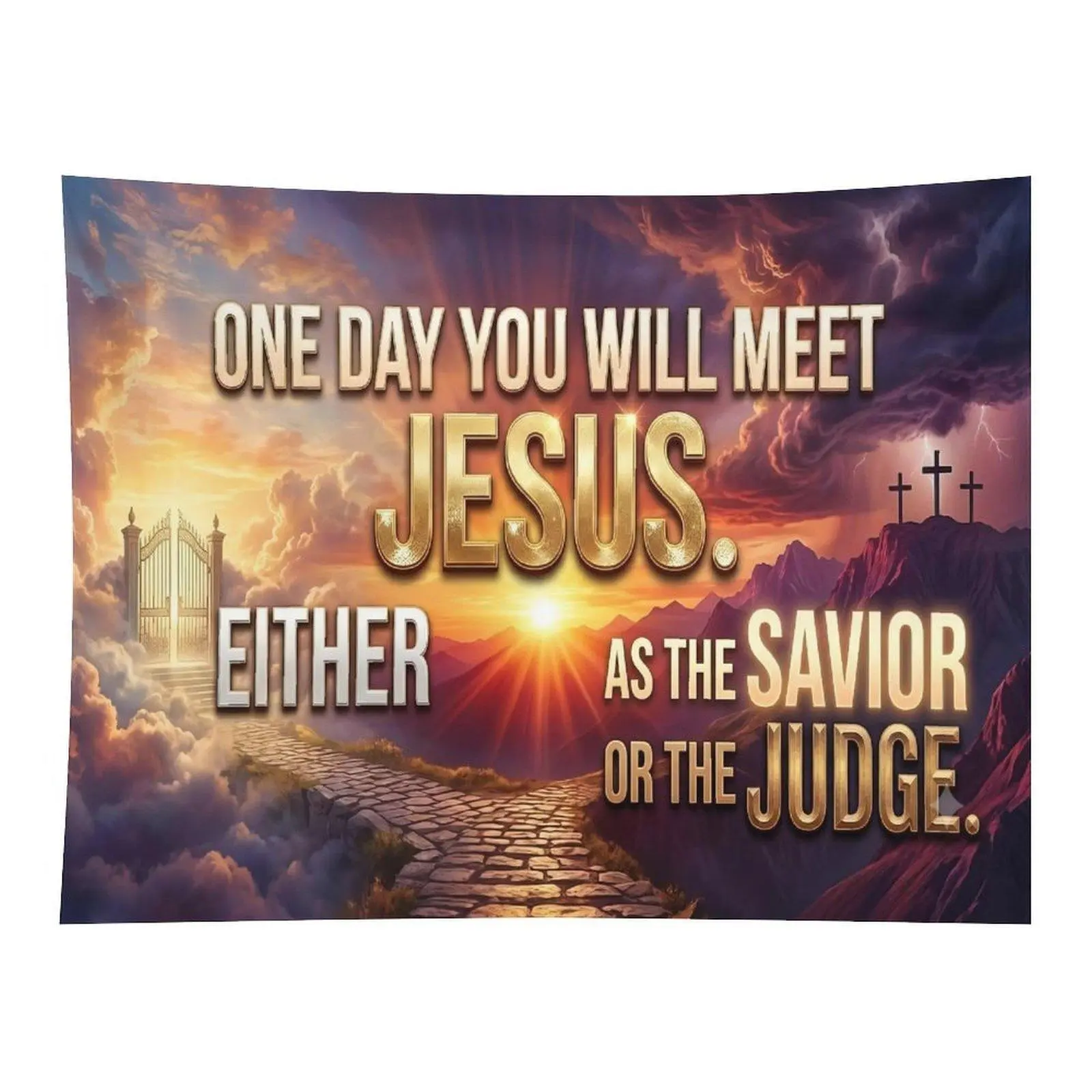 Sunset Cloud Heaven Gate Jesus Savior Or Judge Christian Wall Tapestry Wall Hanging, Golden Religious Cross Inspirational Faith Text Decor for Prayer Room Church Dorm Ornament