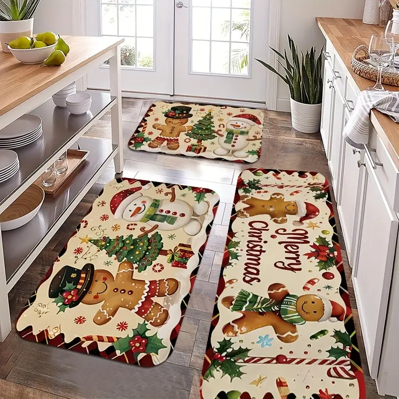 A Set of 2/3 Rugs, Featuring Holiday Gingerbread Men And Snowmen Designs, Perfect for Christmas Decorations And Gifts. Made And Flannel Material, These Lightweight Rectangular Kitchen Rugs Are Non-Slip, Machine Washable