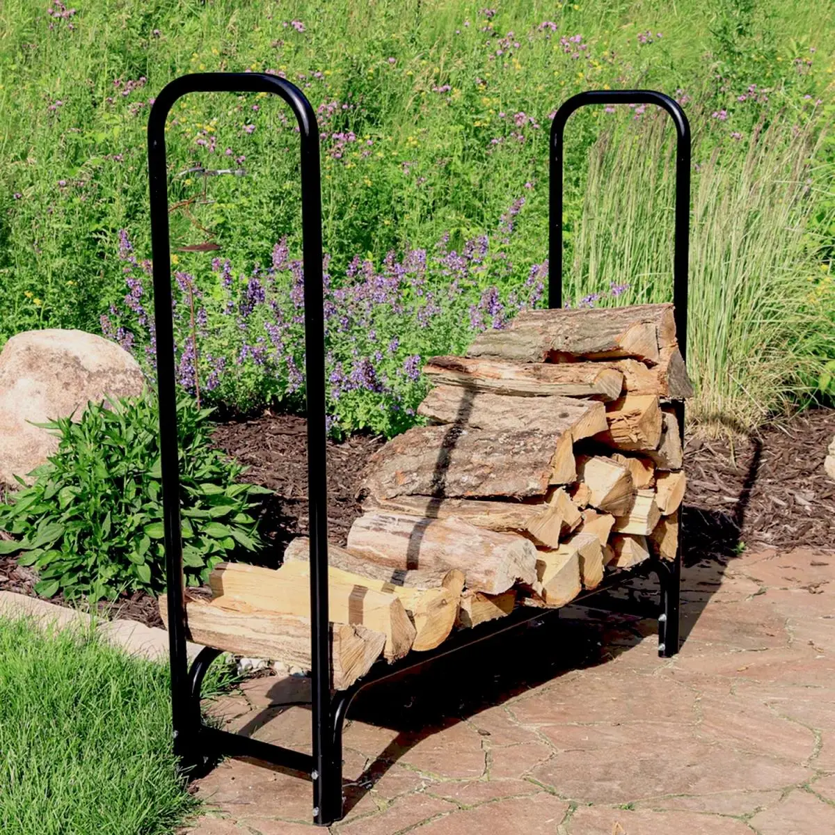 Outdoor Steel Rectangle Firewood Rack HY5702 Black - Freestanding, Adds Stability, Holds Approximately 1/2 Face-Cord of Wood, Includes Cover to Keep Wood Dry, Home Improvement Garden Supply