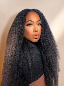 Kinky Straight Half Wig Human Hair 200 Density 3 In 1 Half Wigs Wear and Go Beginner Friendly Yaki Straight Glueless Wigs Human Hair with Adjustable Drawstring Headband Wig for Women