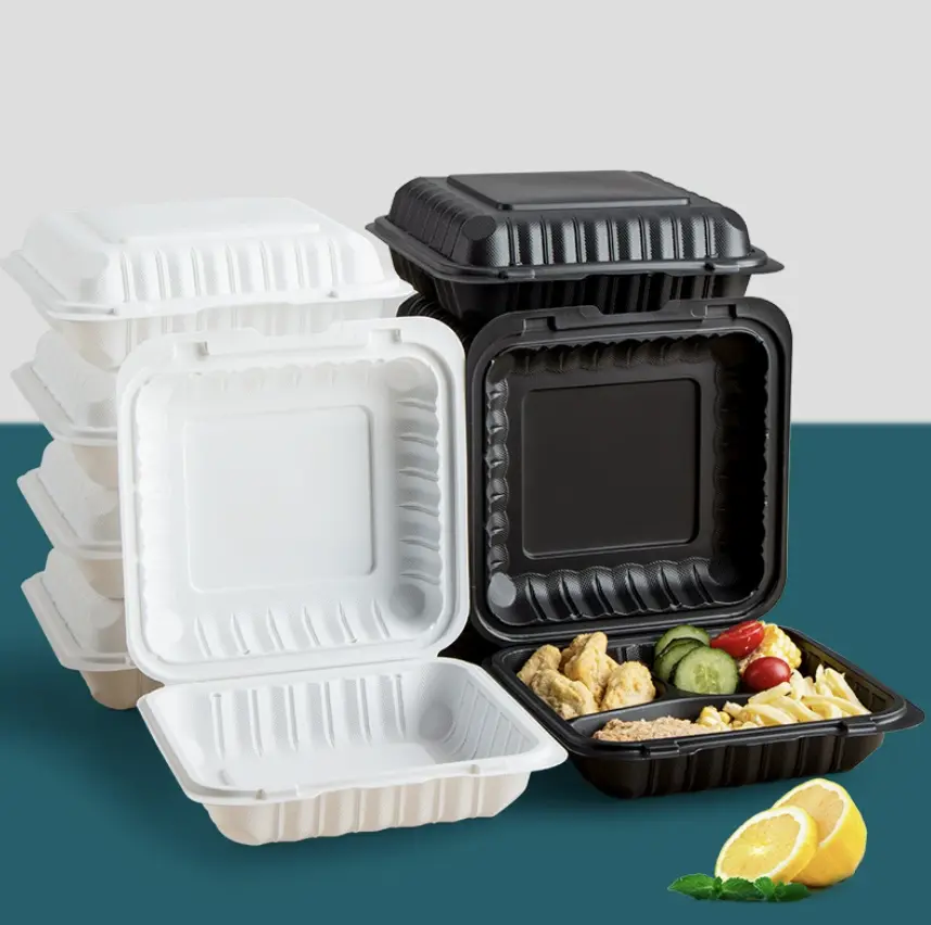 8*8 1or3-Compartment 50-Pack Plastic Clamshell Food To Go Box Containers Carryout For Sandwich Salad Heavy Duty Disposable Hinged With Secure Snap Lid To Go Containers Microwave and Freezer Safe - Reusable & Disposable Heavy Duty Clamshell Takeout |