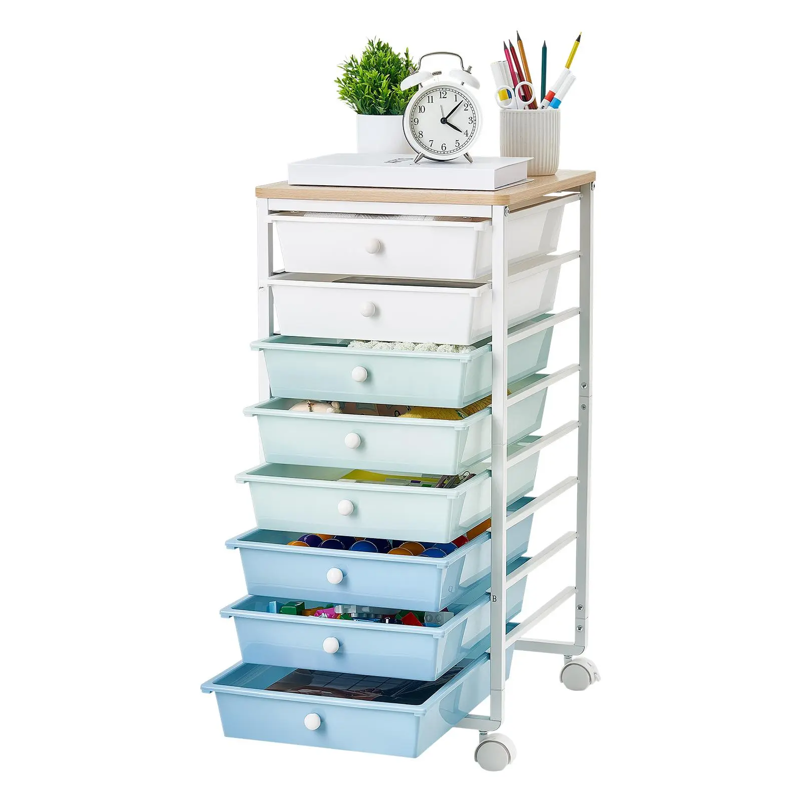 VEVOR Compact 8-Drawer Rolling Storage Cart with Wood Top, Steel Frame, Universal Rolling Wheels, 2 Brakes & Racks, Mobile Utility Organizer for Office/Classroom, Ideal for Students/Office Users