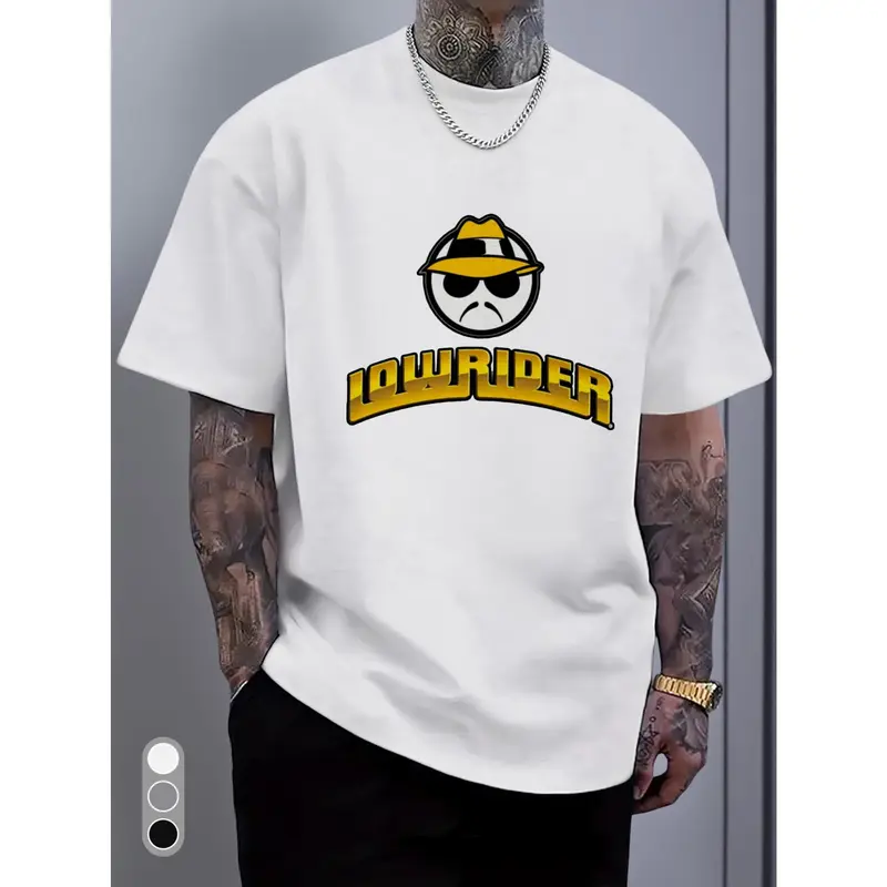 Men'S Lowrider Graphic T-Shirt - Bold Yellow Lettering & Smiling Character Print, Breathable Round Neck Casual Tee for Spring/Summer, Outdoor & Casual Attire - Lowrider Culture Apparel for Adults, Lowrider, Racing Shirt For Men, Car Shirt For Men, Graphic